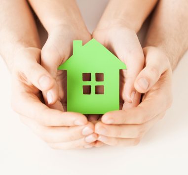 a person holding a green house in their hands.